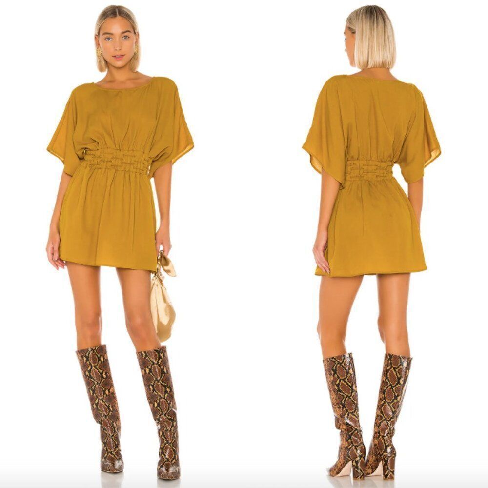 Tularosa mustard yellow Sienna dolman short sleeve lace up waist mini dress